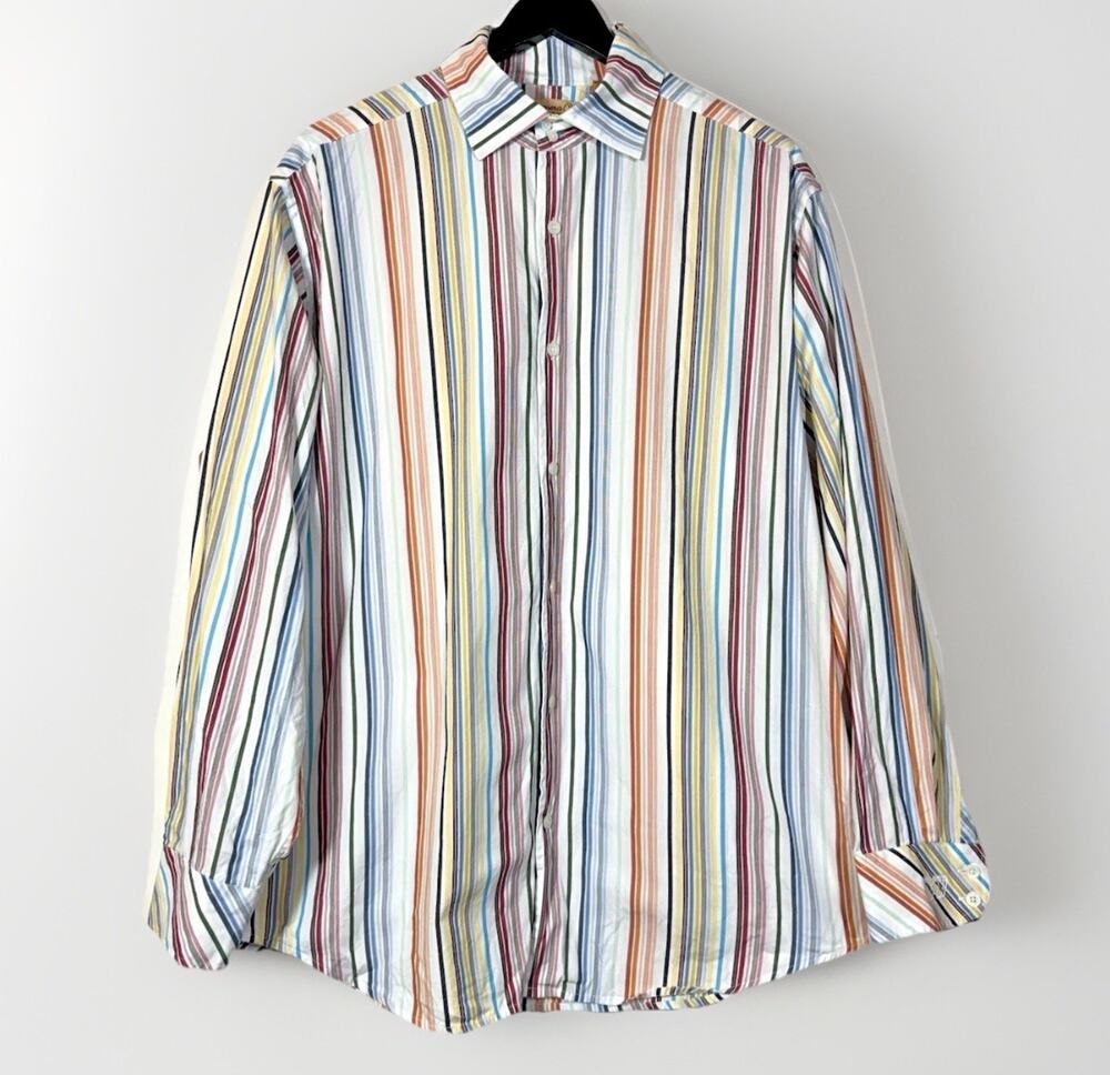 Striped Dress Shirt Blue Red Yellow Orange Vintage Havanera Co. Men's LARGE